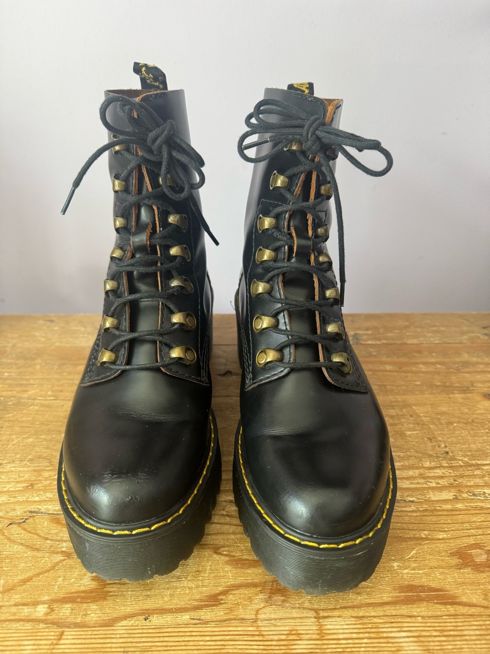 Dr. Martens Leona Black Lace-Up Platform Boots with Yellow Stitching size 7 US